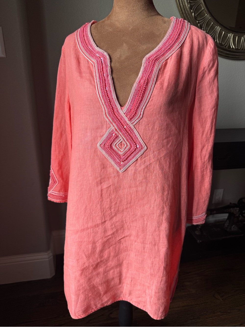 Calypso St. Barth 100% Linen Coral Tunic M Embroidered Beaded Sequin NWOT Resort